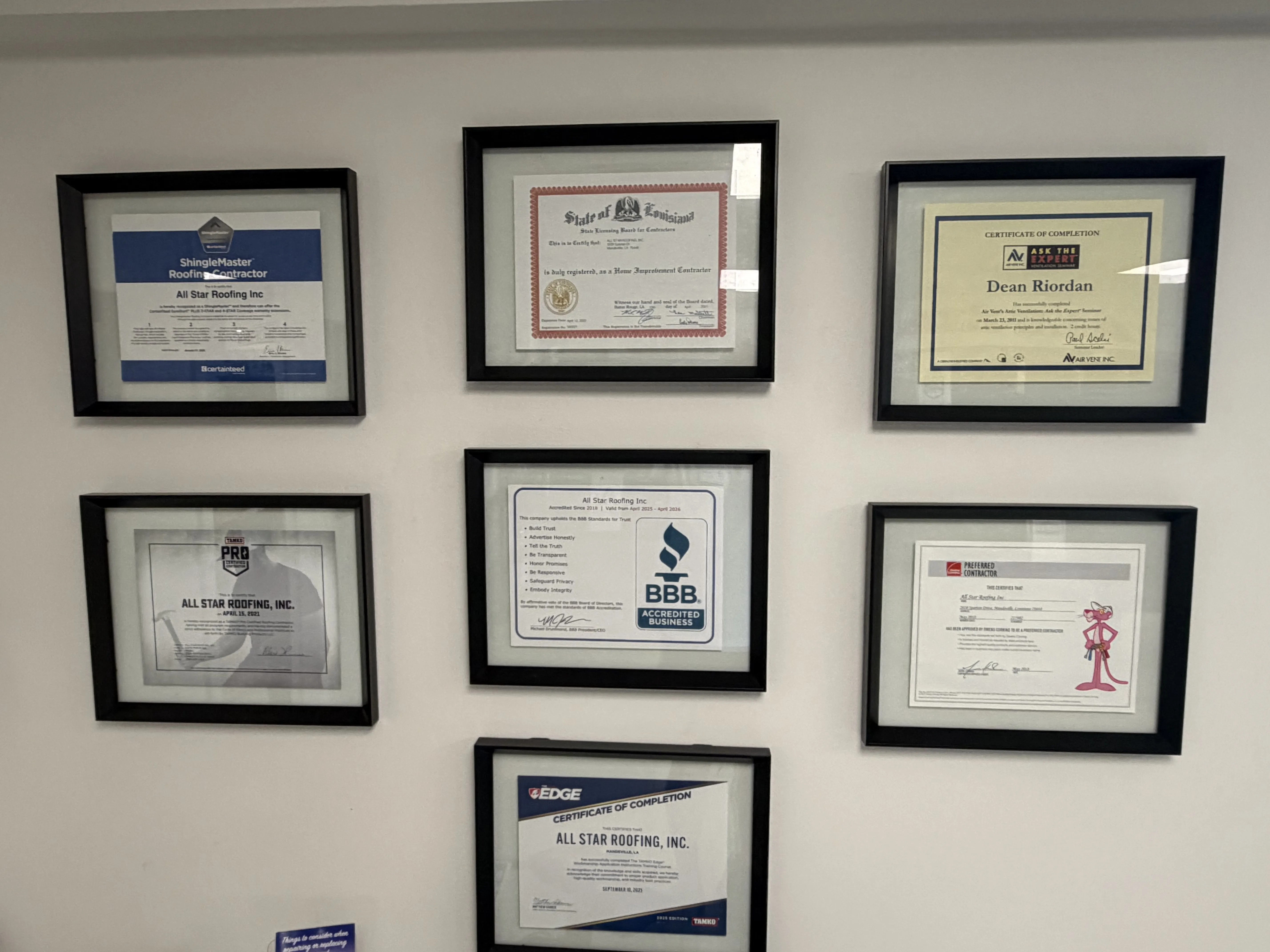All Star Roofing certifications wall — BBB A+, TAMKO Pro, ShingleMaster, FORTIFIED