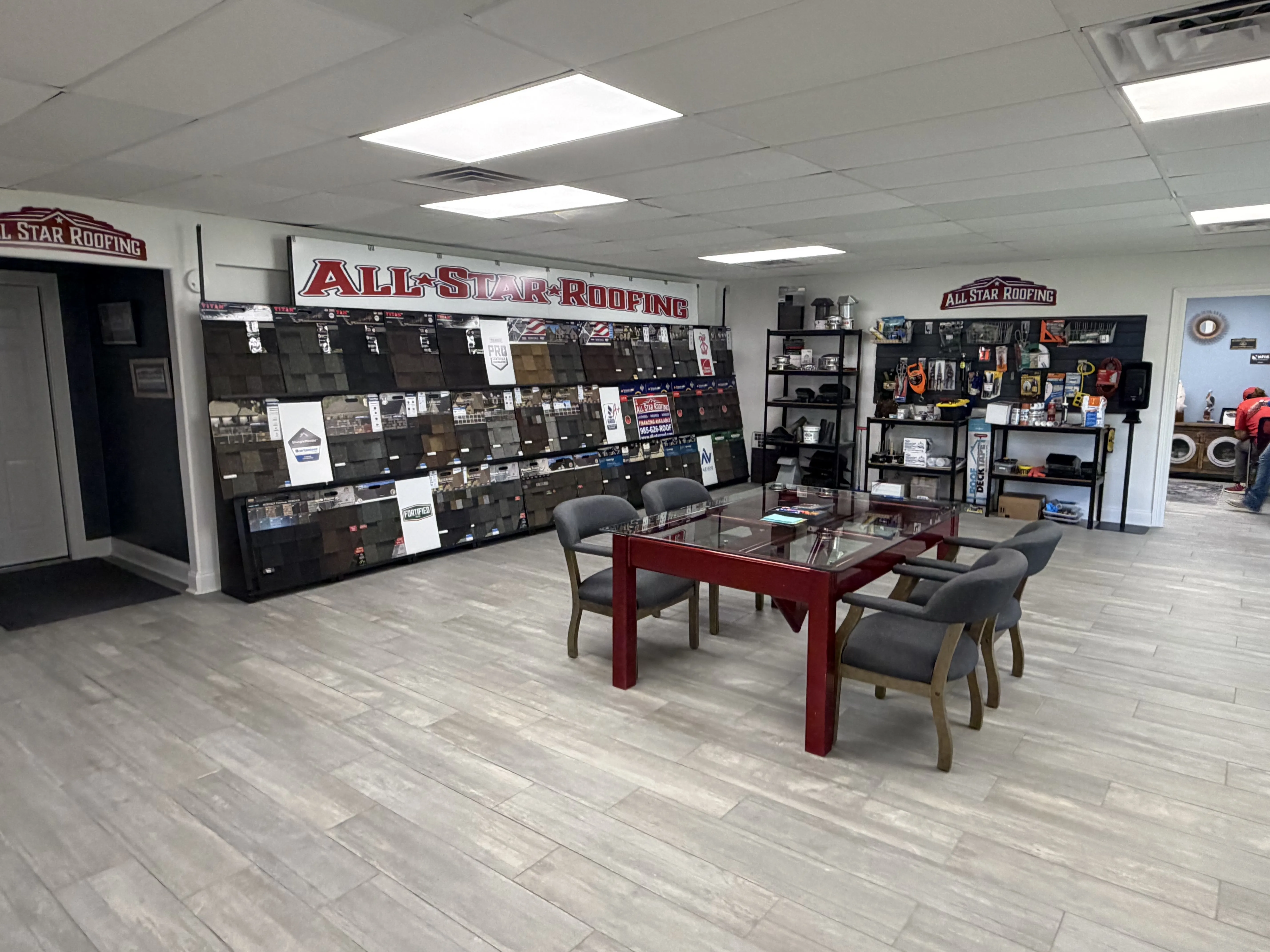 All Star Roofing showroom interior with shingle samples in Mandeville Louisiana